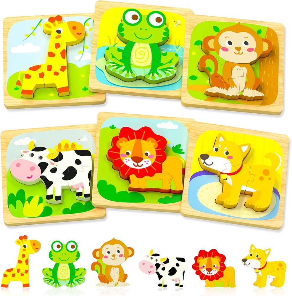 Benresive Wooden Toddler Puzzles, 6Pcs Animal Montessori Toys for 1-3 Year Old B