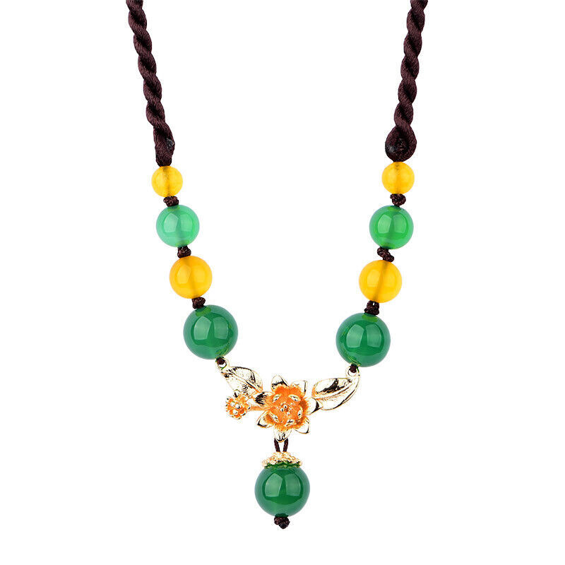 Green Jade Flower Necklace Amulet Natural Jewelry Pendant 925 Silver