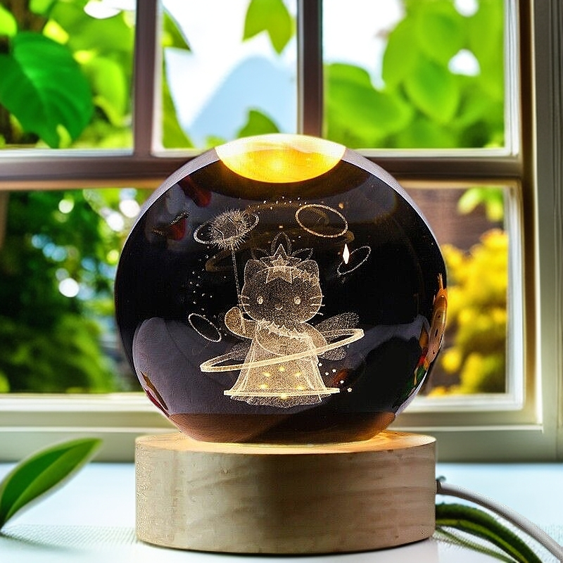 3D Carved Princess KT Cat Crystal Ball Night Light with Wooden Base for Kids