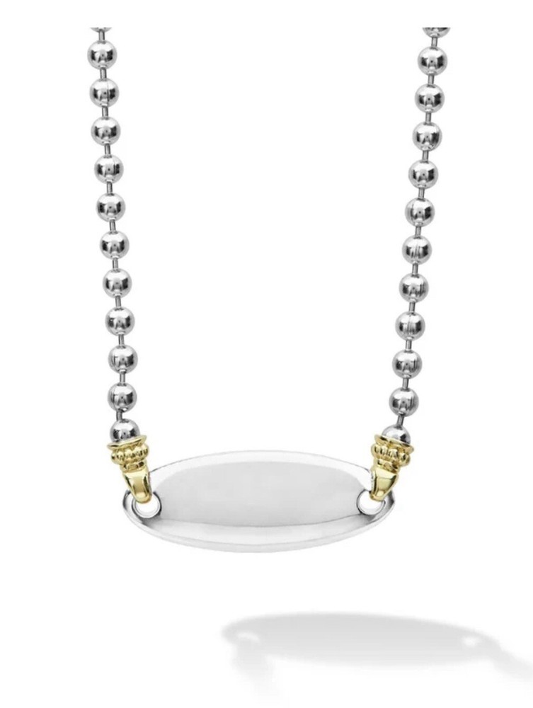 Lagos Beloved 18K Silver Caviar Oval Name Plate Heart Necklace 16-18” NWT $750