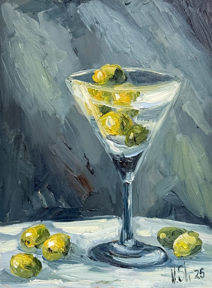 Original Oil Painting Dirty Martini Still Life Olive Impressionism Signed Art