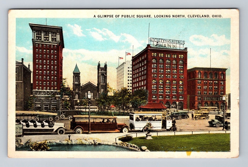 Vintage Cleveland OH Public Square Society Savings Bank Panoramic Postcard