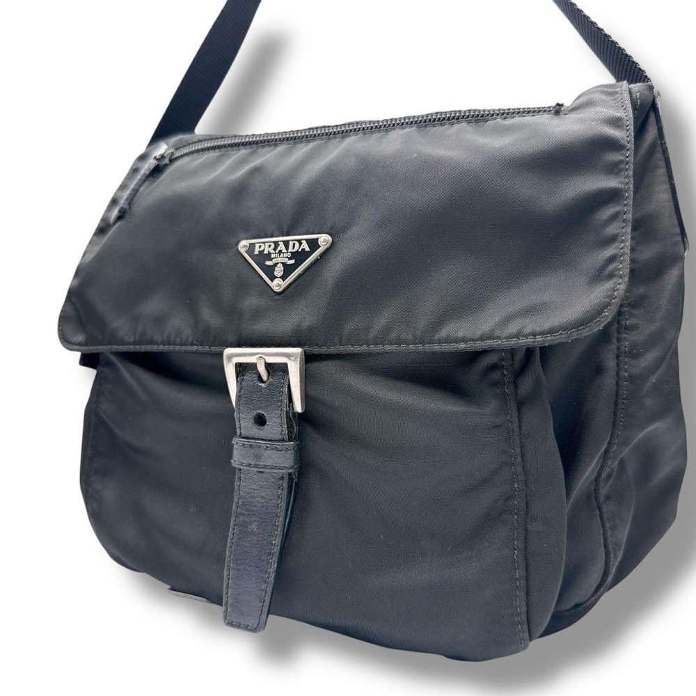 Prada vintage black nylon shoulder bag with triangular logo in excellent condition
