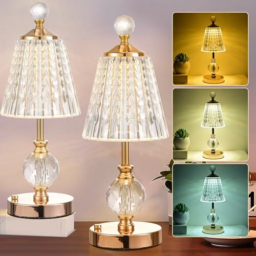 2Pack Crystal Cordless Table Lamp LED Touch Lamp, Electroplated Gold-2Pack