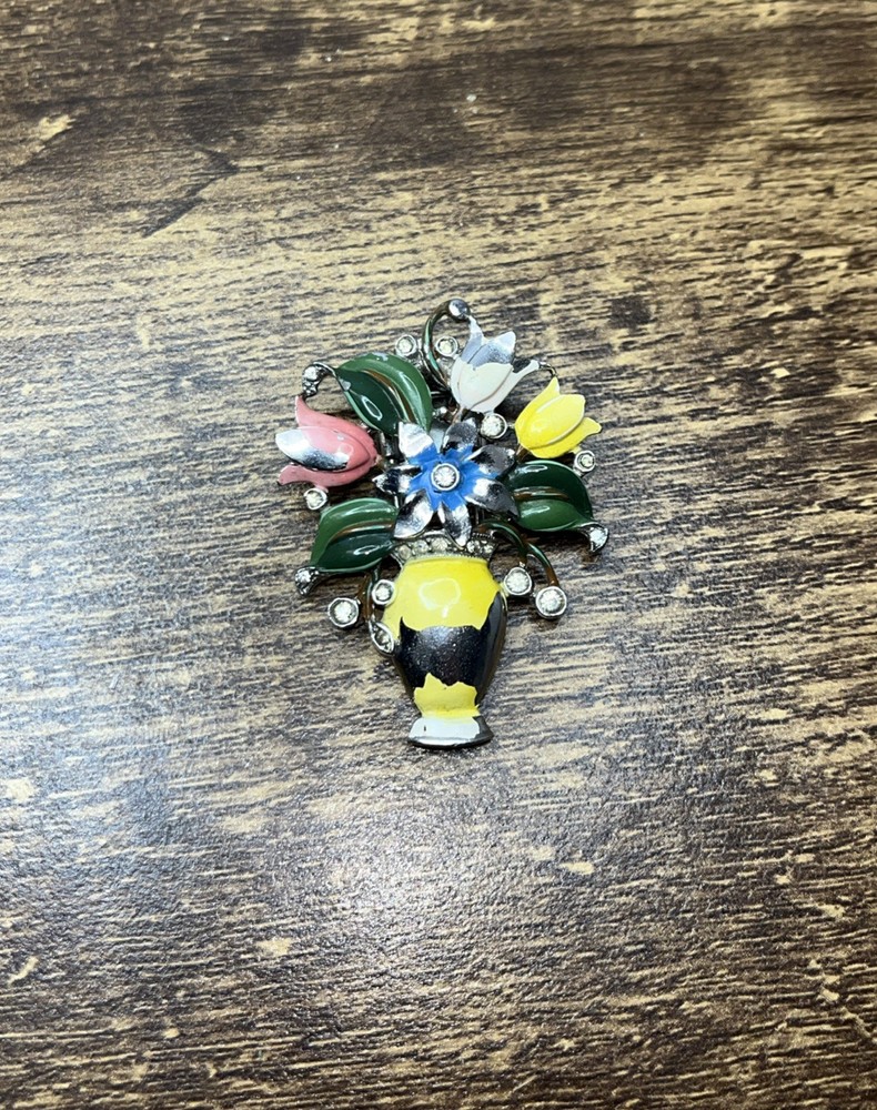 Trifari 'Alfred Philippe' Pave and Enamelled Flowers in a Vase Pin Clip