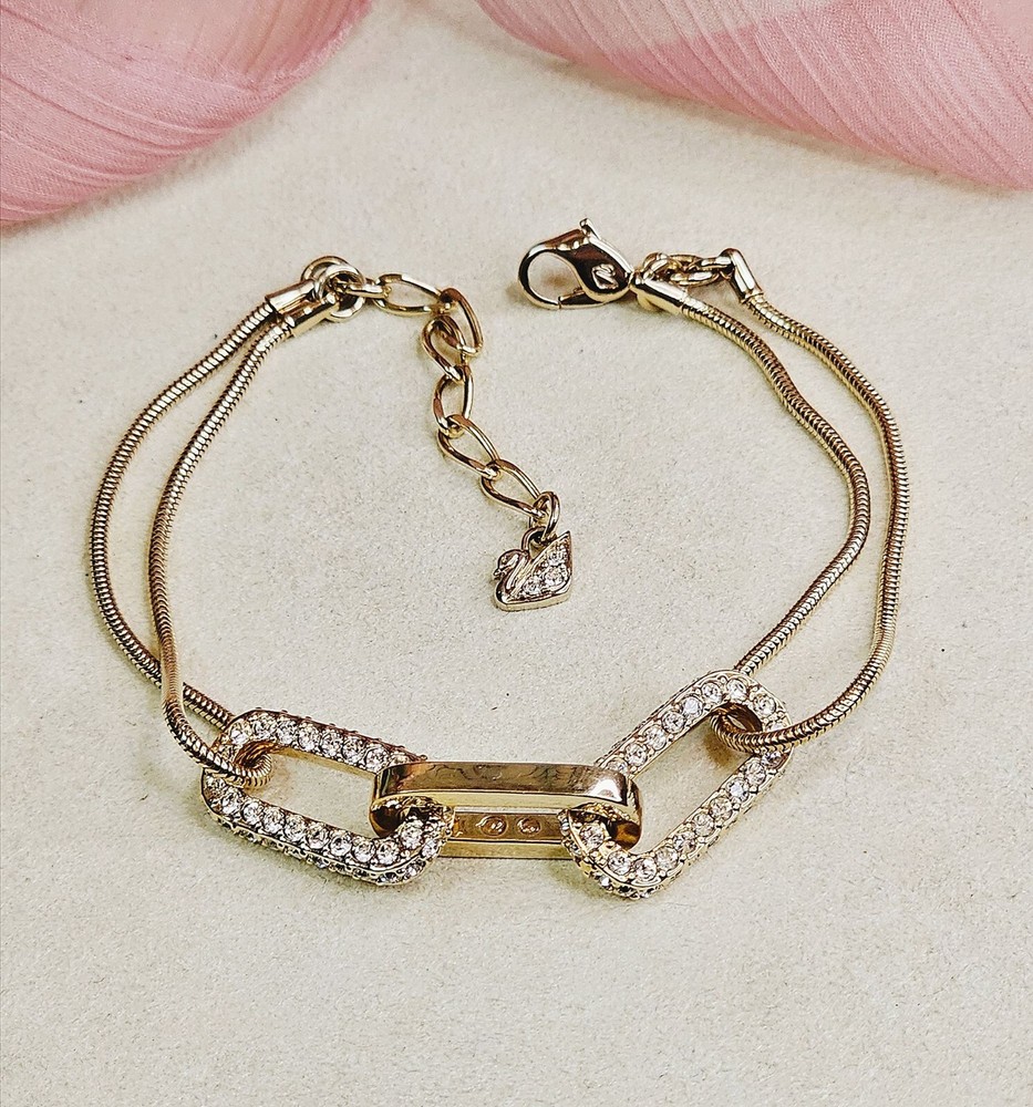 Swarovski Swan Gold Plated Bracelet with Crystal Studded Links and Snake Chain