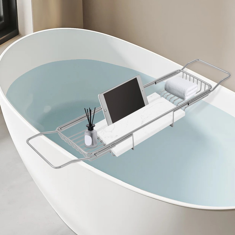 Expandable Bathtub Tray with Adjustable Stainless Steel and Marble Design