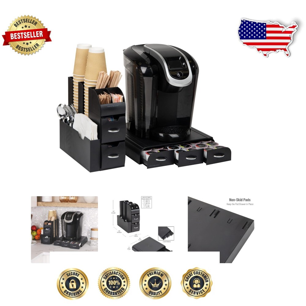 30-Pod K-Cup Drawer with 10 Compartment Condiment Caddy - Stylish Black Design