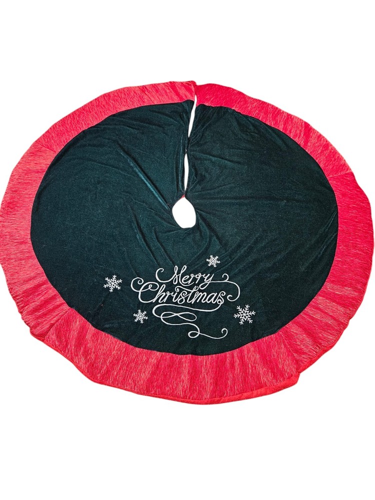 St Nick's Choice Dark Green Velvet Christmas Tree Skirt with Red Trim F26