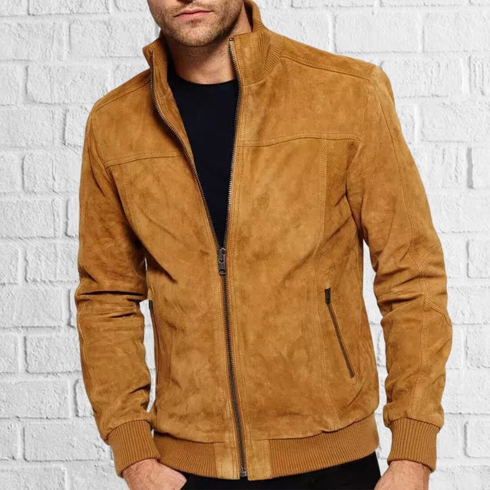 Classic Tan Biker Jacket in Luxe Sheepskin Suede Leather with Zipper