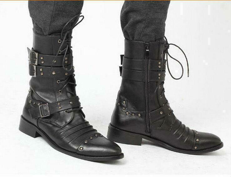 Mens Punk Combat Boots with Studs Rivets Military Buckle Pointy Toe Side Zip