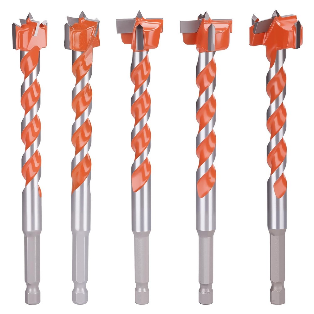 5-Piece Extended Forstner Drill Bit Set for Wood, Tungsten Carbide Tipped Woodwo