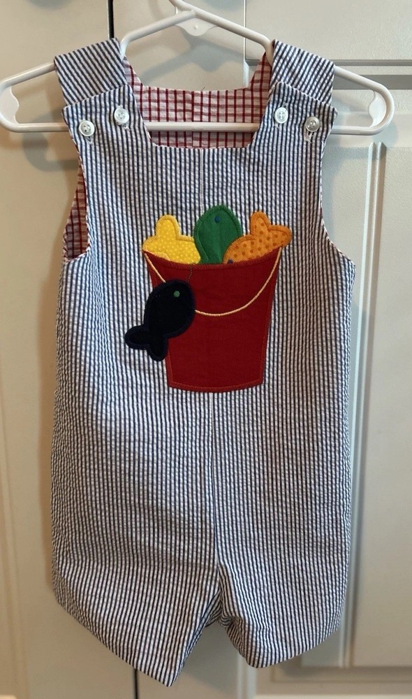 Bailey Boys Reversible Jon Jon Short Romper Baby Boy Sz 12 Month Seersucker EUC