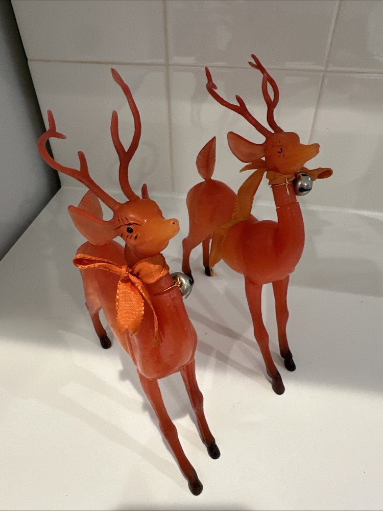 Two Vintage Red Plastic Reindeers 4.5” X 10”