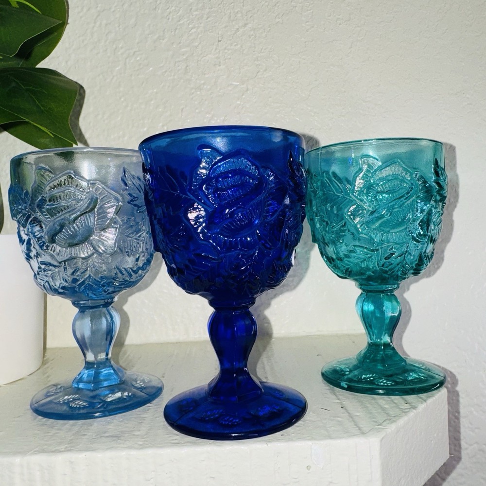 3 Madonna Inn Wild Rose Glass Goblet Cup Ski & Blue Teal Rare Wine Water 5