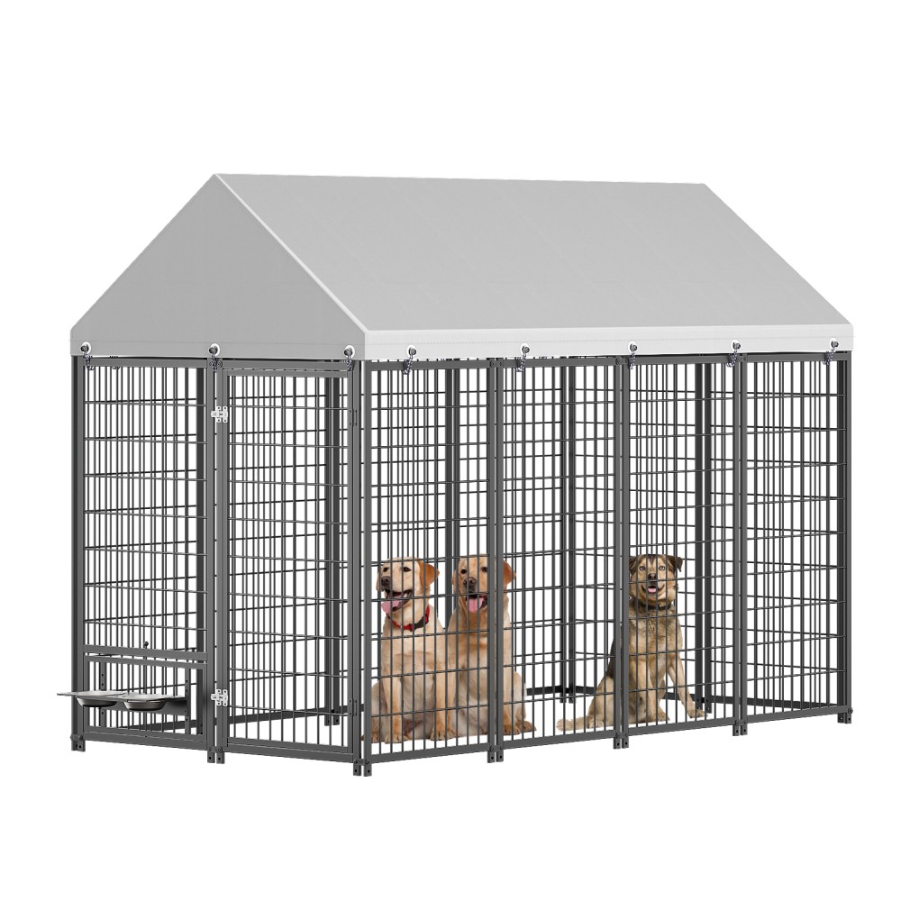 Dog Kennel Outdoor Pet Pens Animal Hutch Metal Coop Fence W Roof Cover