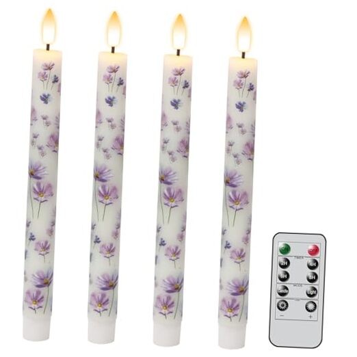Flameless LED Taper Candles with Remote Timer and Purple Flower Design  