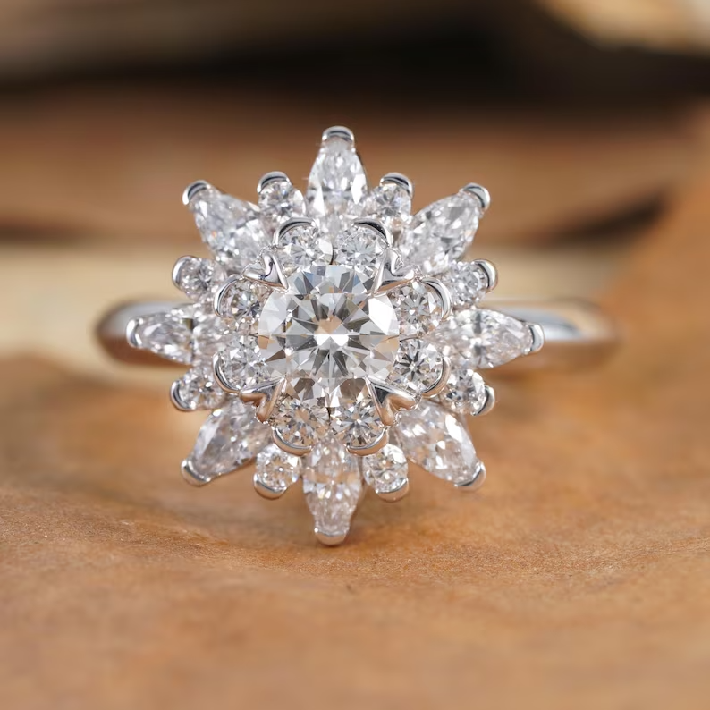 3Ct Round Cut Natural  Moissanite Women's Sunflower Ring 14k White Gold Plated