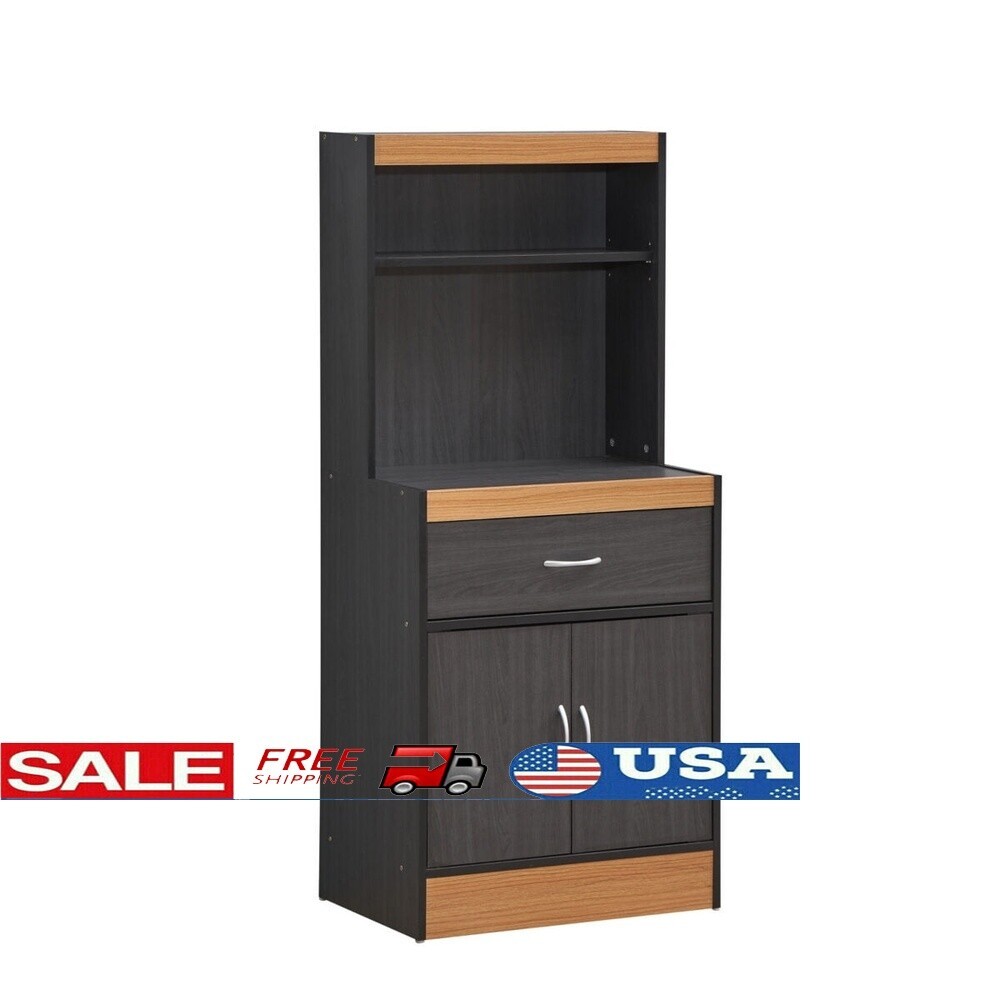 Tall Black Kitchen Cabinet with Drawer, Open Shelves & Microwave Storage