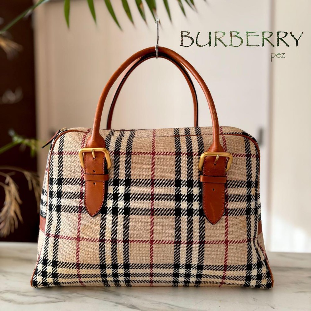 Burberry Nova check Hand bag Tote bag Beige Canvas Women Vintage Authentic