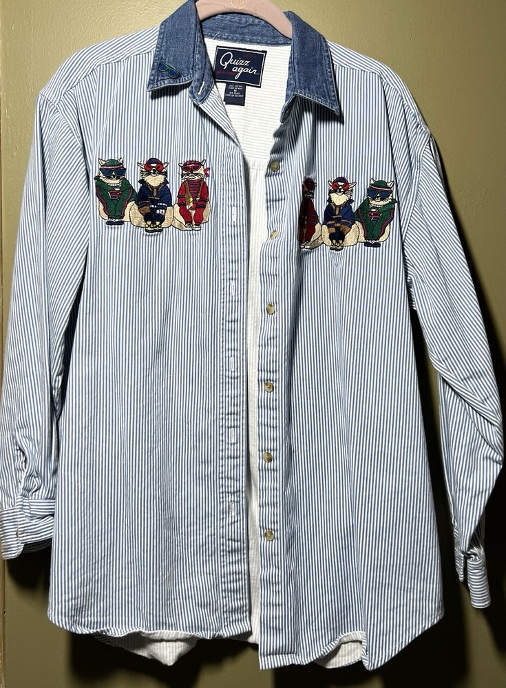 Quizz Again Women's Button Up Shirt Embroidered Cats Streetwear Size M Vintage