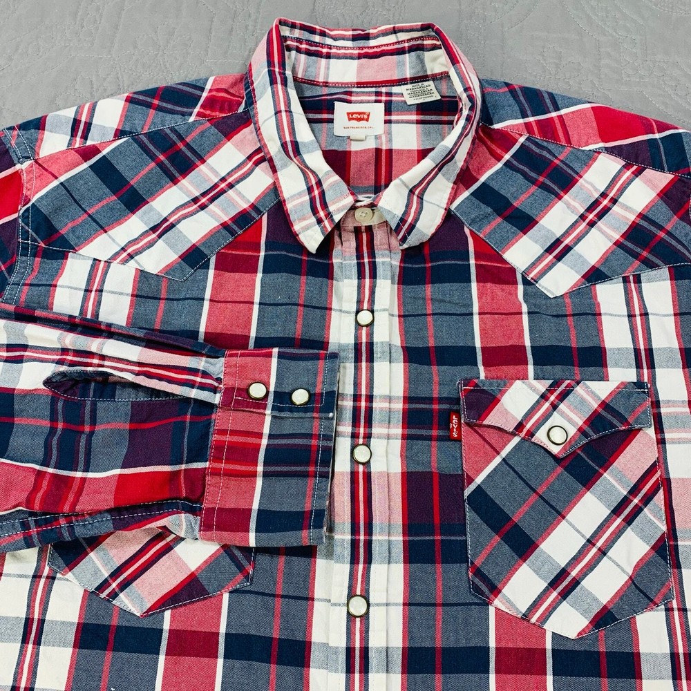 Levis Shirt Mens XXL Pearl Snap Western Long Sleeve Plaid Blue Red Tab Cowboy