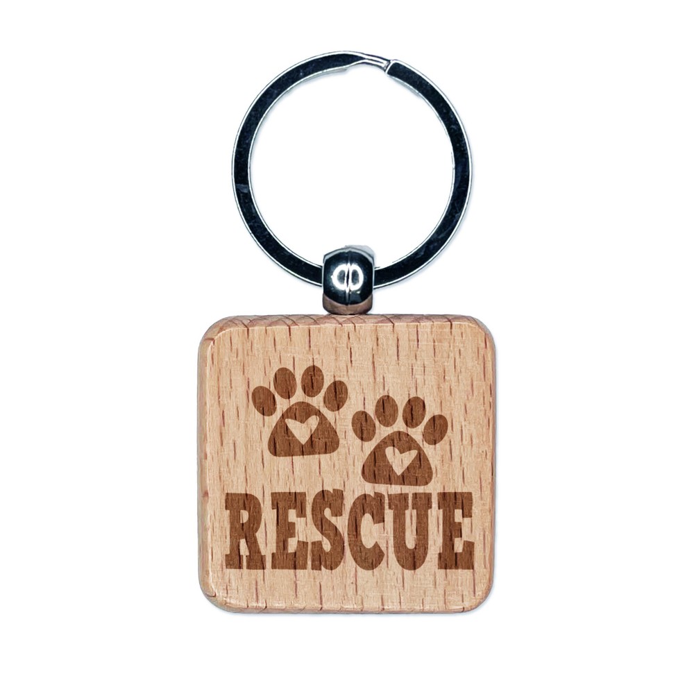 Rescue Dog Cat Paw Print Heart Love Engraved Wooden Keychain