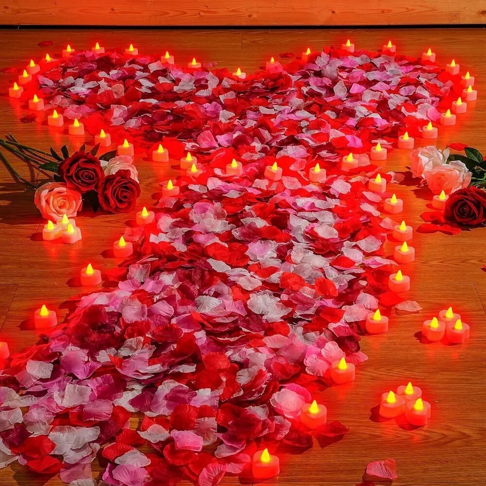 6000 Valentine's Day Artificial Rose Petals with 72 LED Tea Lights for Romantic Decor