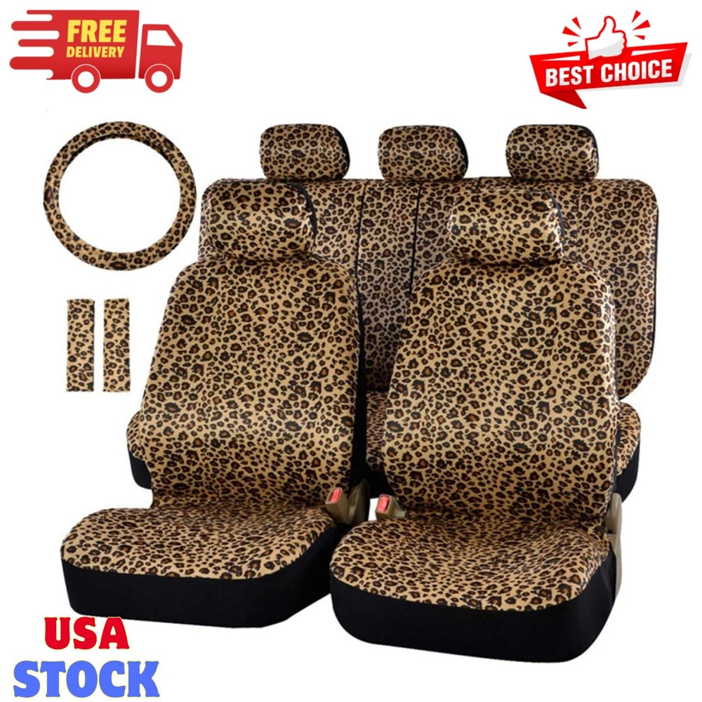 Leopard Car Seat Covers Full Set with Steering Wheel Cover 2 Seat Belt Pads,...