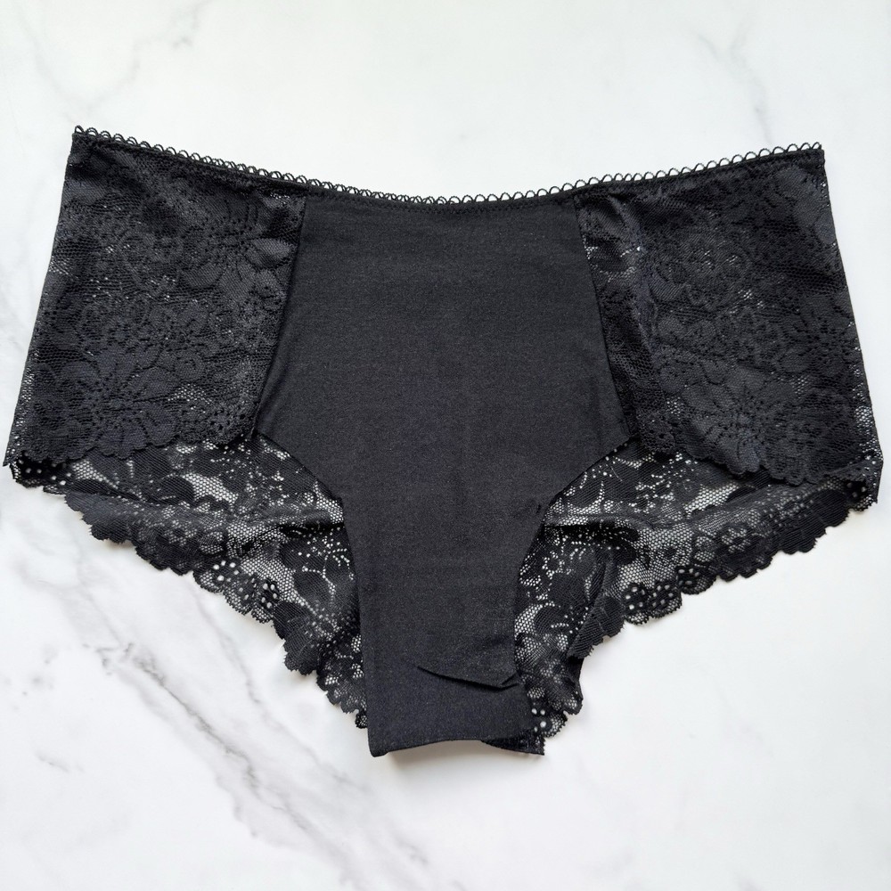 PINK Victoria's Secret Lace-Trim No-Show Cheeky Panty Pure Black SZ XL