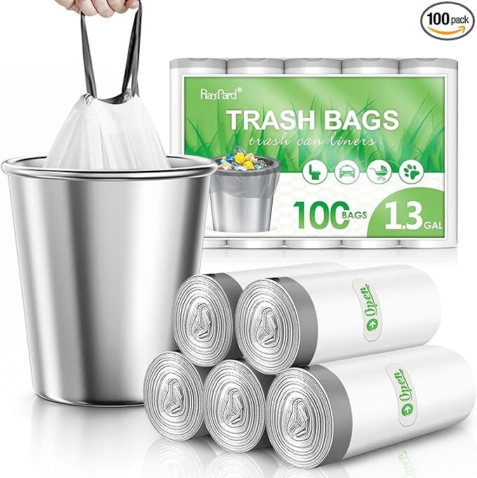 1.3 Gallon 100 Counts (Fit 1.3-1.5 Gal) Mini Drawstring Trash Bags Garbage Bags