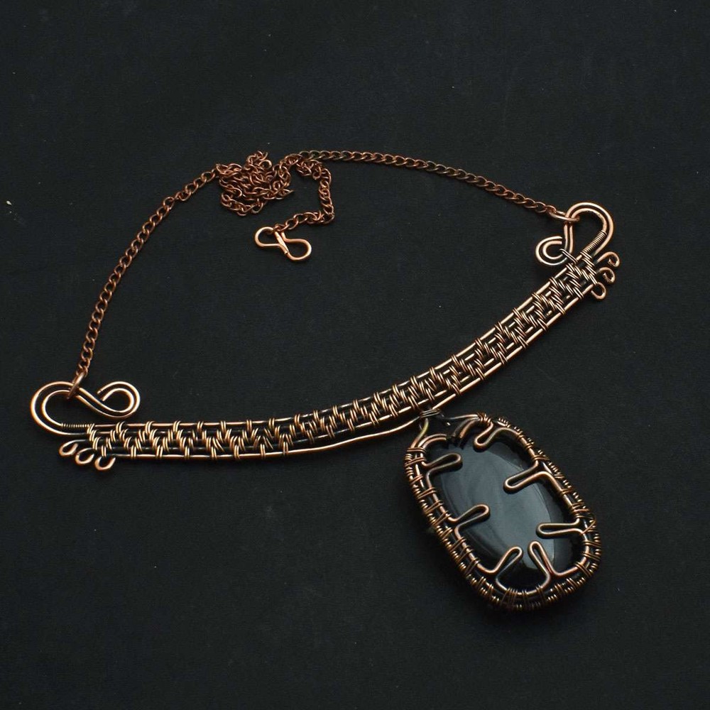 Black Onyx Copper Wire Handmade Ethnic Necklace 39g AN 68779