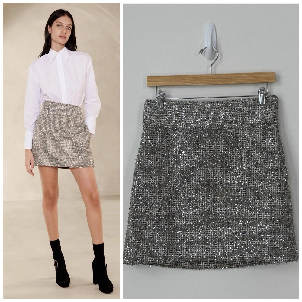 NWT Banana Republic Coleta Tinsel Mini Skirt Size 4 Silver Tweed Lined Pockets