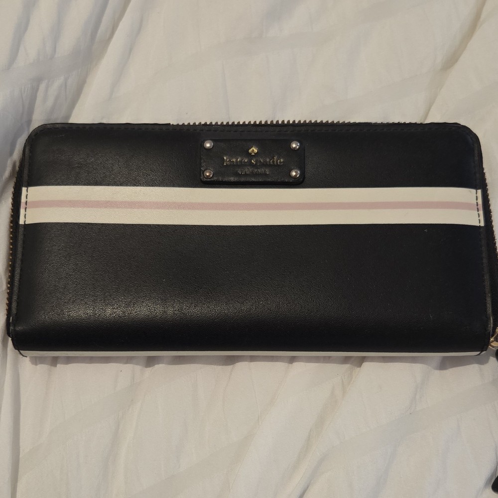 Kate Spade New York Black White Striped Women's Wallet Zip-Around