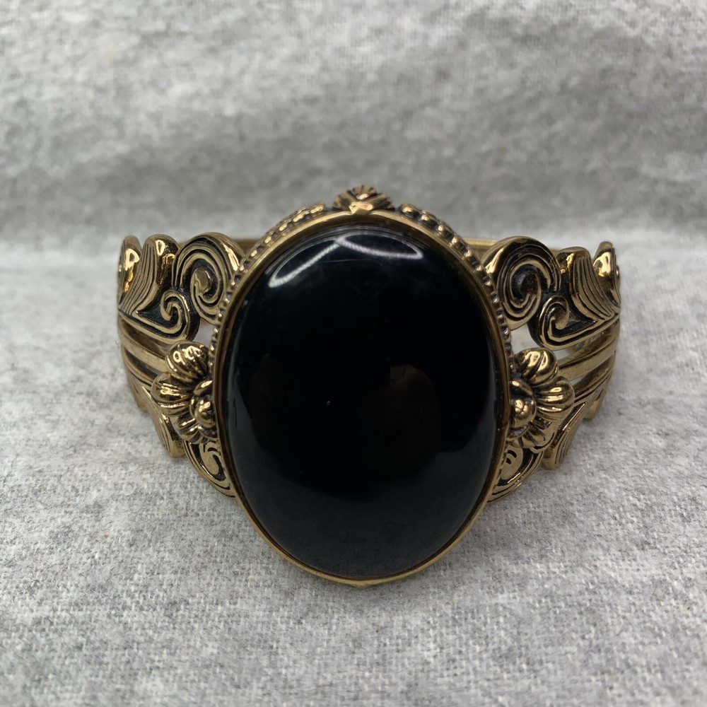Barse Bronze Cuff Bracelet Black Stone Swirl Ornate Design Made in Thailand