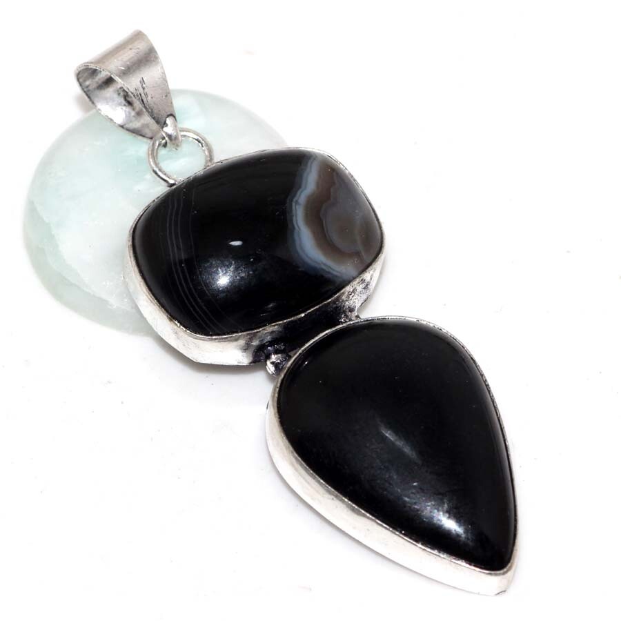 Banded Black Onyx 925 Silver Plated Long Pendant 2.3