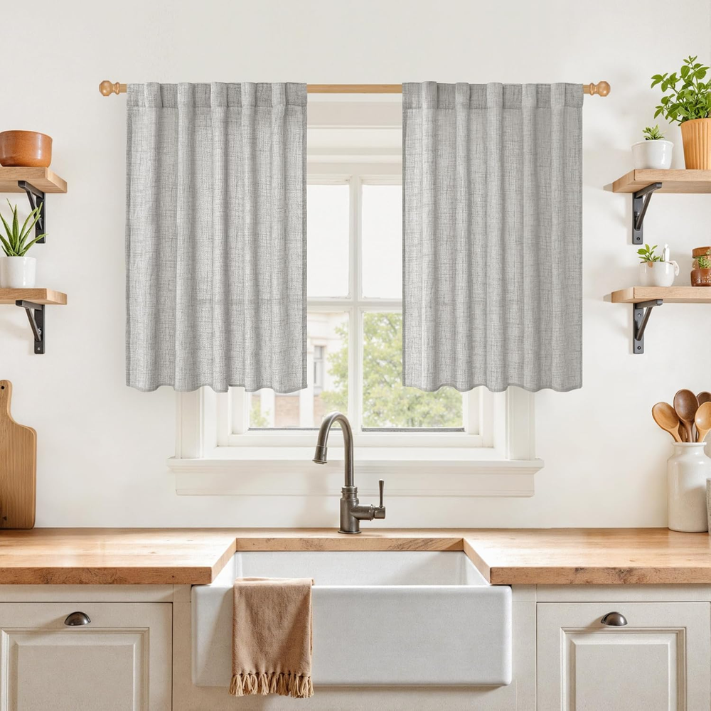 Dark Grey Linen Curtains 36 Inch Length for Kitchen Winow, Textured Small Drapes
