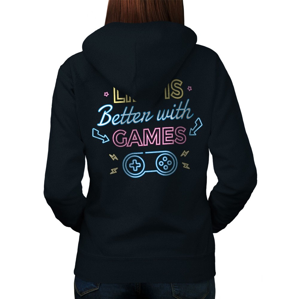 Wellcoda Life Is Better With Games Neon Text Womens Hoodie Back