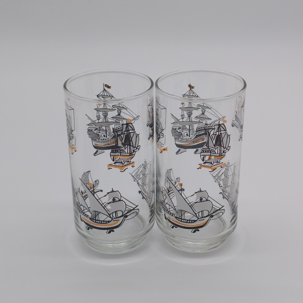 Libbey Vintage Clipper Sailing Ship Tumbler Glasses Set of 2 Mid Century Modern