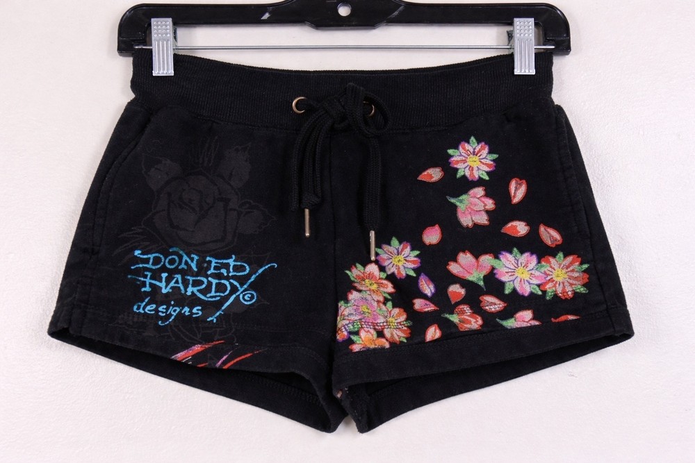Ed Hardy Black Sweat Shorts Women's XS Drawstring Y2K 2000's Fleece Booty Short