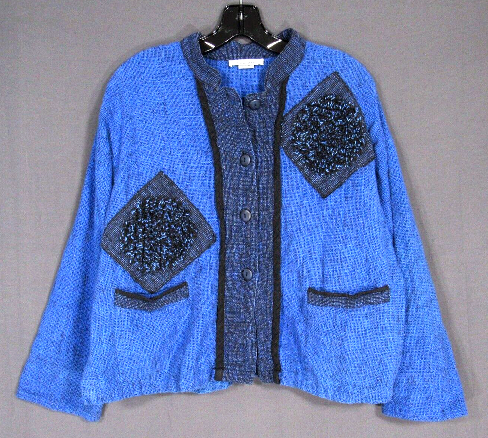 SANGAM Blue/Black Patchwork WOVEN COTTON Lagenlook BUTTON-UP Crop Jacket/Top L