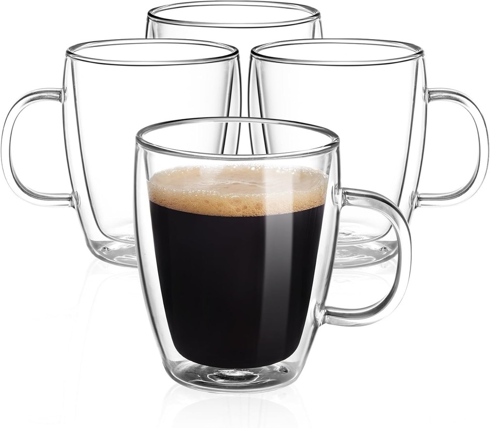 Double Wall Glass Coffee Mugs, Glass Coffee Mugs with Handle set of 4 cups