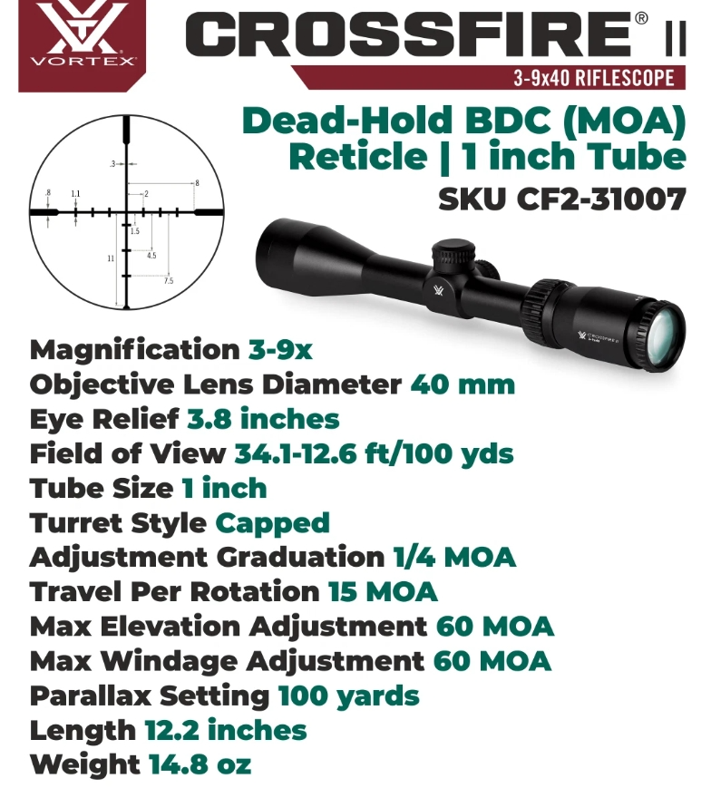 Vortex Crossfire II 3-9x40 Scope Dead-Hold BDC MOA Reticle CF2-31007