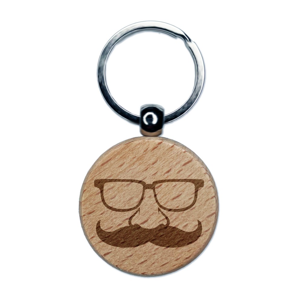 Funny Glasses with Nose and Mustache Engraved Wood Round Keychain Tag Charm