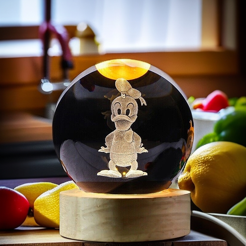 3D Carved Duck Crystal Ball Night Light with Wooden Base - Kids Gift Healing Decor