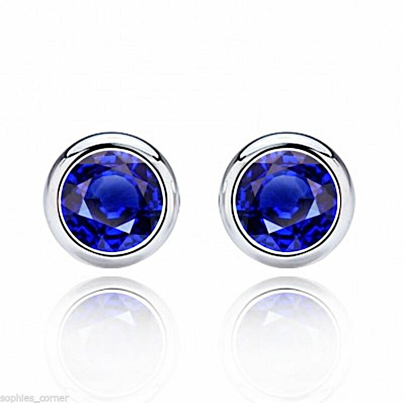 2 ct. Genuine Bezel Set Blue Sapphire Stud Earrings in Solid Sterling Silver