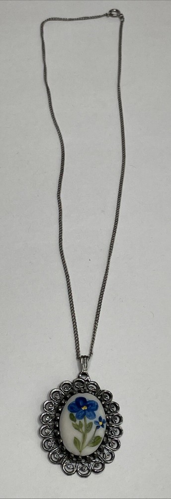 Vintage Hand Painted Purple Flowers Violet's On Porcelain Pendant Necklace