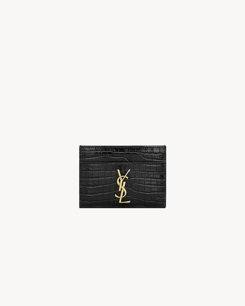 Saint Laurent Black Cassandre Card Case In Crocodile-Embossed Shiny Leather