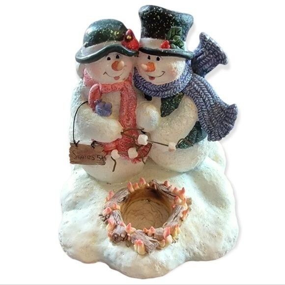 Snowman Couple Roasting Marshmallows Holiday Tealight Candle Holder Decoration