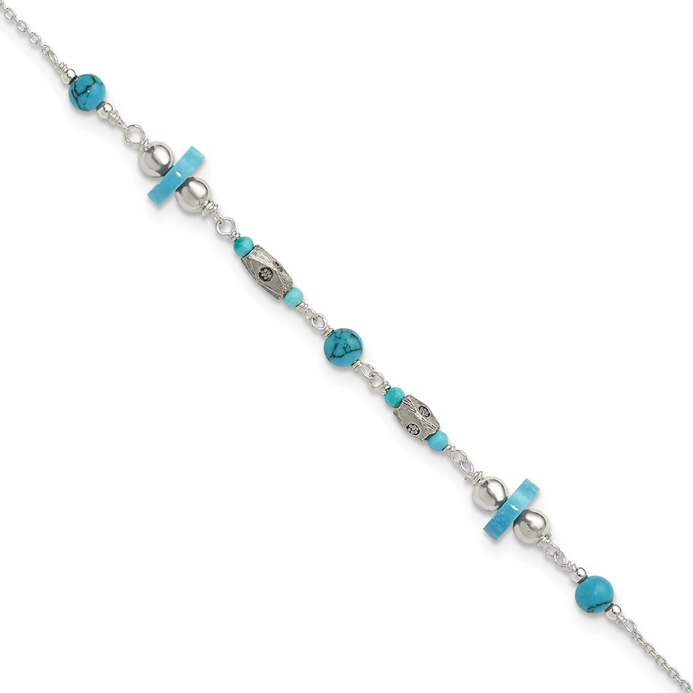 925 Silver Antiqued Turquoise Beaded Anklet 10 Inch 2.78g